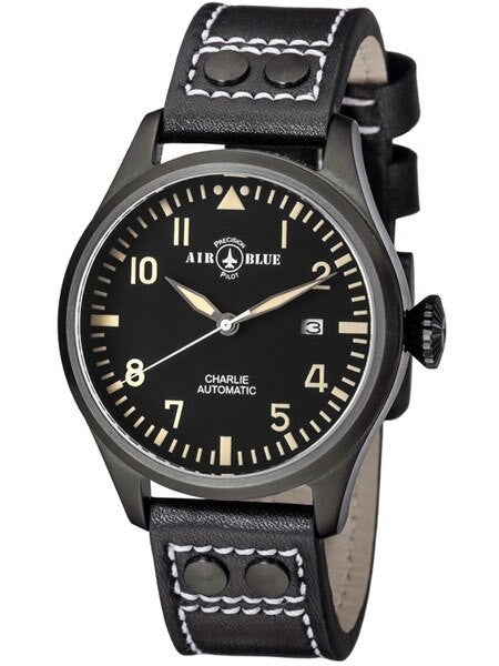 Air Blue Charlie Automatic Pilot Watch with 44mm PVD Case, Sapphire Crystal #CHARLIEAUTOPVDBLKTAN