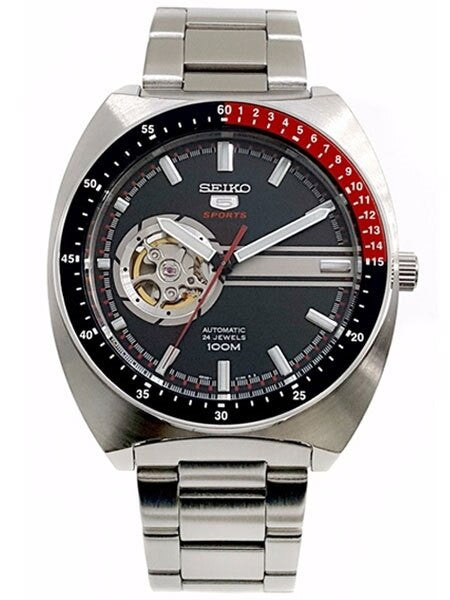 Seiko 44mm Sports 5 Automatic 24-Jewel Watch with an Open Heart Black Dial #SSA329K1
