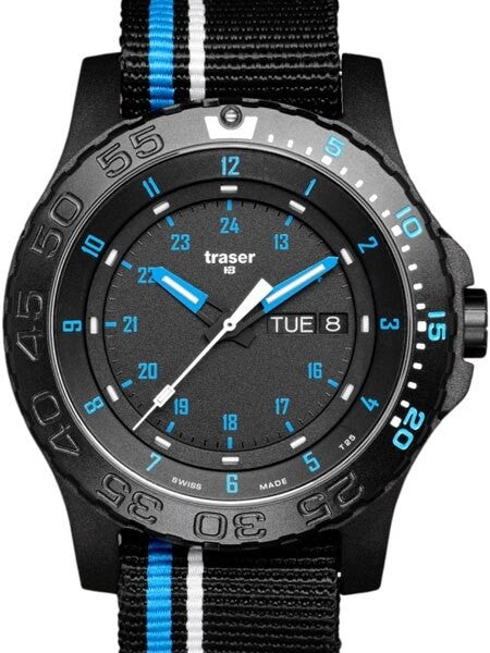 Traser Blue Infinity Watch with Sapphire Crystal and striped black strap #105545