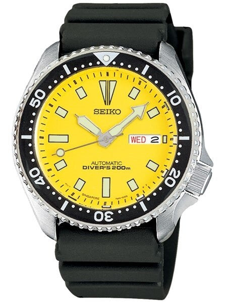 Seiko Yellow Automatic Dive Watch with Offset Crown and Rubber Dive Strap #SKXA35