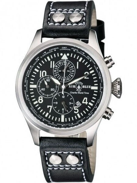 Air Blue Charlie World Timer Pilot Watch with Alarm, 44mm Case, Sapphire Crystal #CHARLIEWTSS