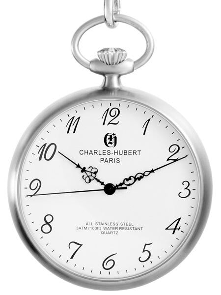 Charles-Hubert Quartz Pocket Watch with White Dial and Silvertone Chain #3534