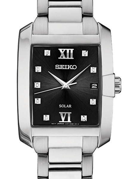 Seiko Solar Watch with Stainless Steel Case and Nine Diamonds on the Dial #SNE461