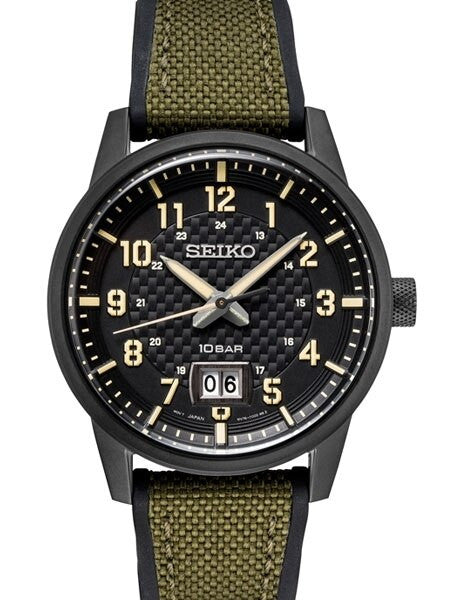Seiko 41mm Big Date Quartz Sport Watch with Carbon Fiber Style Dial #SUR325