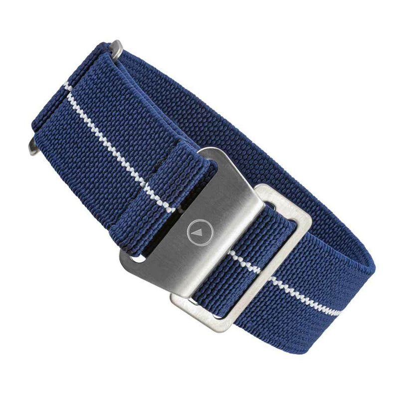 Blue Elastic Woven Nylon Strap with White Stripe, Brushed Finish Steel Clasp #EWB-06-SS