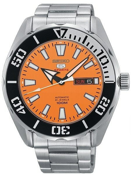 Scratch and Dent - Seiko 5 Sports Automatic 24-Jewel Watch with Orange Dial and SS Bracelet #SRPC55K1