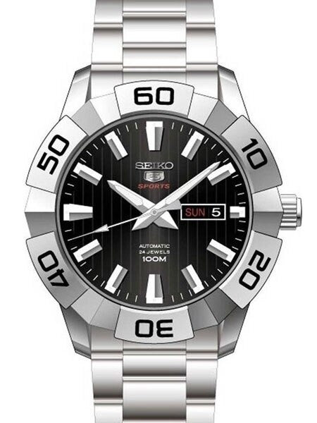 Seiko 45mm Sports 5 Automatic 24-Jewel Watch with Pinstriped Black Dial #SRPA51K1