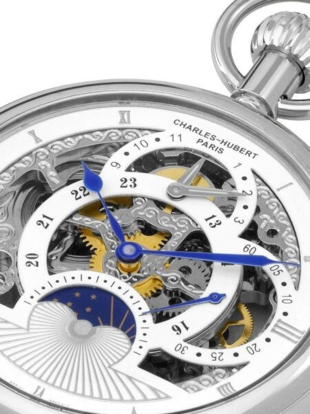 Charles-Hubert Mechanical Dual Time Pocket Watch with Sun-Moon Dial #3816W