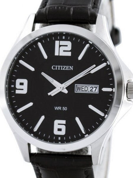 Citizen Quartz Casual Watch with Black Aviator-Style Dial and Leather Strap #BF2001-04E