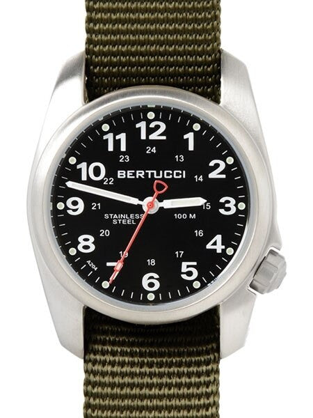 Bertucci A-1S Black Dial Stainless Steel Watch with Patrol Olive Nylon Strap #10112