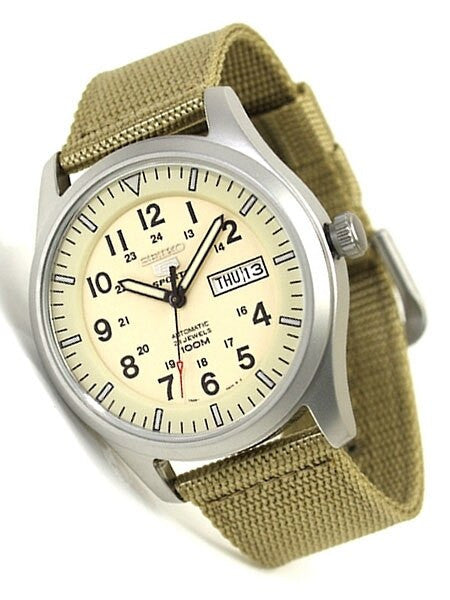 Seiko Military Creme Dial Automatic Watch with 42mm Case, Tan Canvas Strap #SNZG07K1