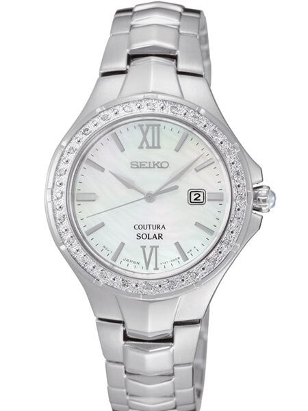 Seiko Ladies Coutura Solar Dress Watch with Mother of Pear Dial and Diamond Bezel #SUT239