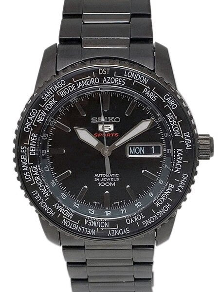 Seiko 5 Sports Automatic Hand Winding World Time Watch, Black PVD  SRP129K1