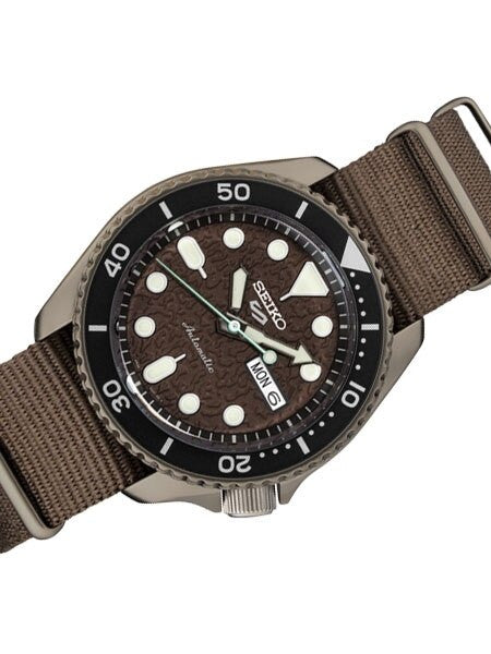 Seiko 5 Sports 24-Jewel Automatic Watch with Textured Chestnut Red Dial and Nylon Strap #SRPD85
