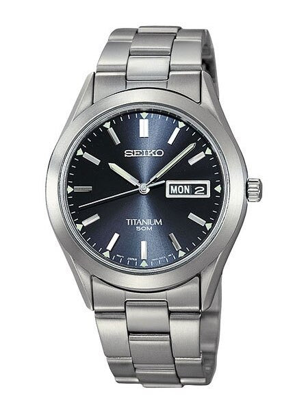 Seiko Quartz Blue Dial Watch with 37mm Titanium Case and Folded Bracelet #SGG709