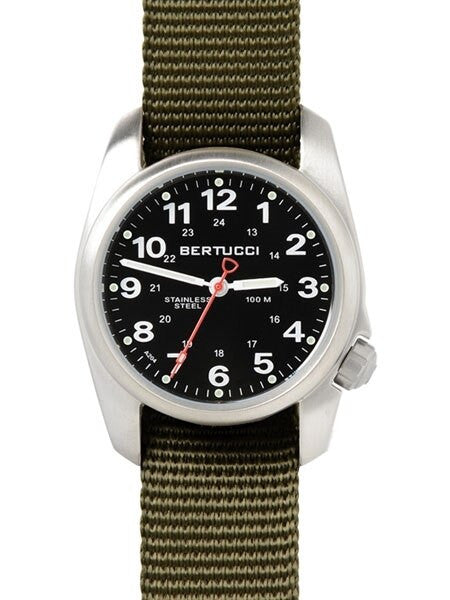 Bertucci A-1S Black Dial Stainless Steel Watch with Patrol Olive Nylon Strap #10112