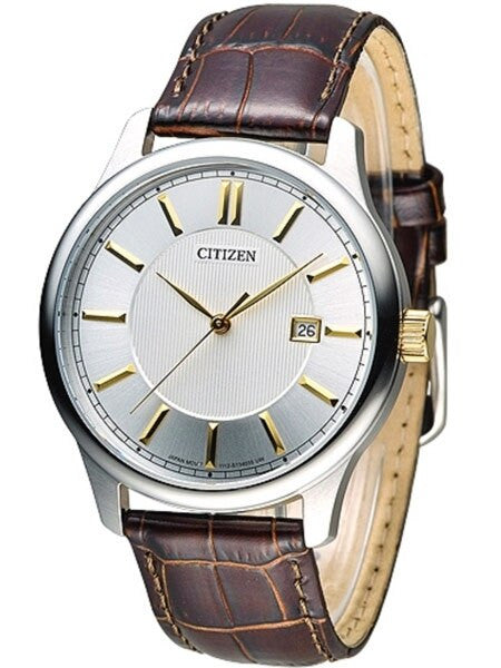Citizen Quartz Dress Watch with White-Silver Dial and Leather Strap #BI1054-04A