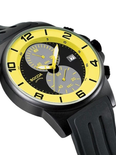 Boccia Yellow-Black Dial Quartz Chronograph with Black 45mm Titanium Case and Rubber Strap #3777-27