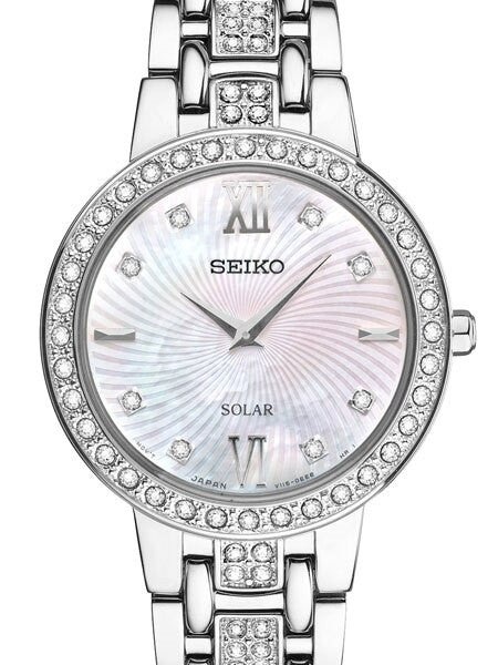 Seiko Ladies Solar Dress Watch with Swarovski Crystals, Mother of Pearl Dial #SUP359
