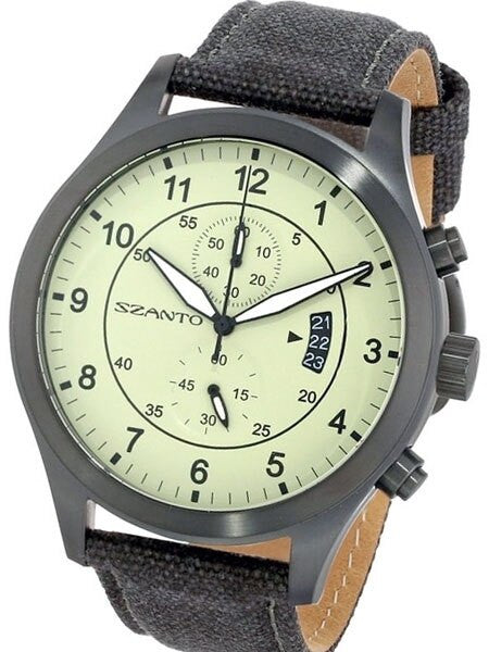 Szanto 46mm Black Ion Plated Vintage Inspired Military Chronograph Watch #1204