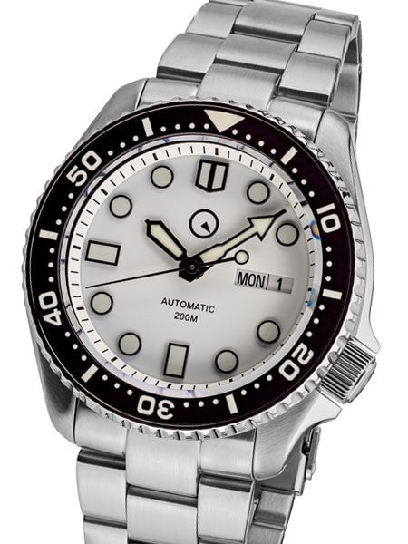 Islander White Dial Automatic Dive Watch with Solid-Link Bracelet, AR Sapphire Crystal, and Luminous Ceramic Bezel Insert #ISL-35