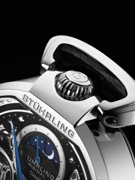 Stuhrling automatic dual time watch with 46mm case, skeleton dial, blue leather strap #889.01