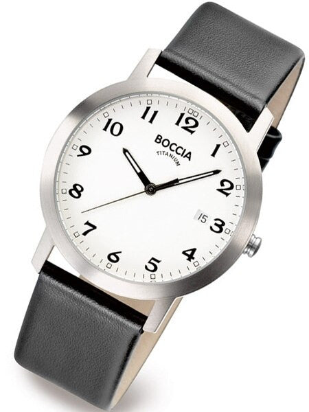 Boccia Mens Silver Quartz Watch with 38mm Titanium Case and Leather Strap #3544-01