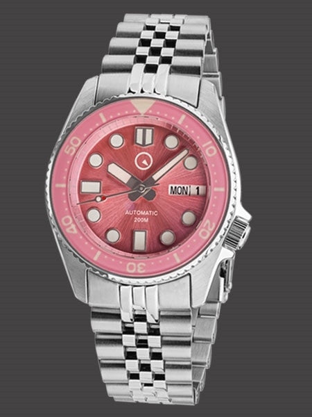 Islander 38mm Automatic Pink Dive Watch with Solid-Link Bracelet, AR Double Dome Sapphire Crystal, and Luminous Sapphire Bezel Insert #ISL-52