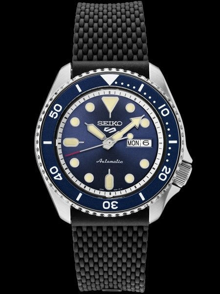 Seiko 5 Sports 24-Jewel Automatic Watch with Blue Dial and Silicone Strap #SRPD93