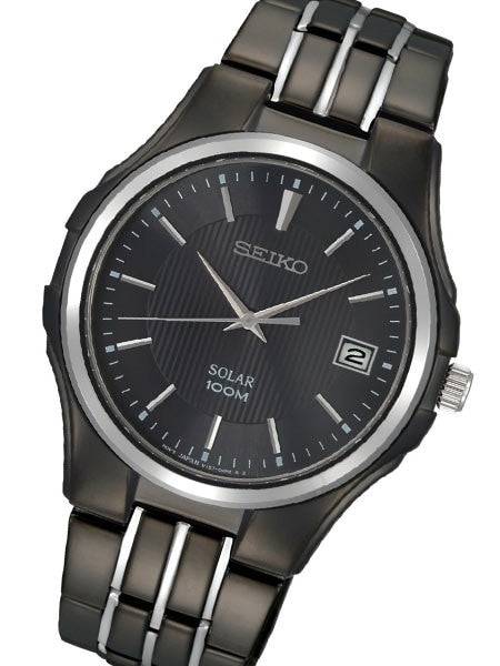 Seiko Solar Watch with 39mm Black Ion-Plated Stainless Steel Case and Bracelet #SNE125