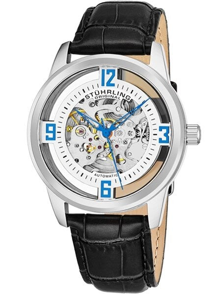 Stuhrling 42mm Skeleton Automatic Dress Watch with Vibrant Blue Hands #877.01