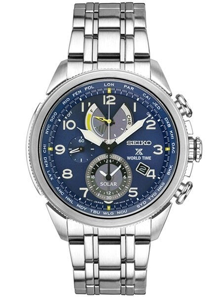 Seiko Solar Powered World Time Chronograph Watch with Sapphire