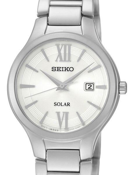 Seiko Women's Solar Watch with White Dial and Silvertone Hands and Markers #SUT207