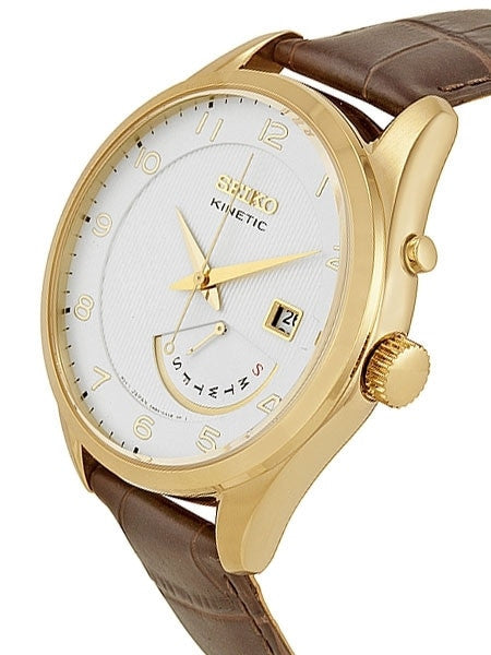 Seiko Core Series Kinetic Watch with 42mm Goldtone Case and Leather Strap #SRN052