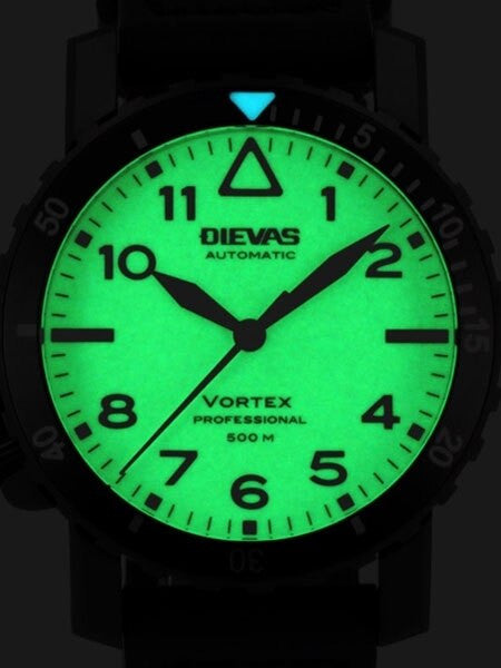 Dievas Vortex Professional Tactical Dive Watch with Black PVD Case, Offset Crown at 8:00 and White, Fully Luminous Dial