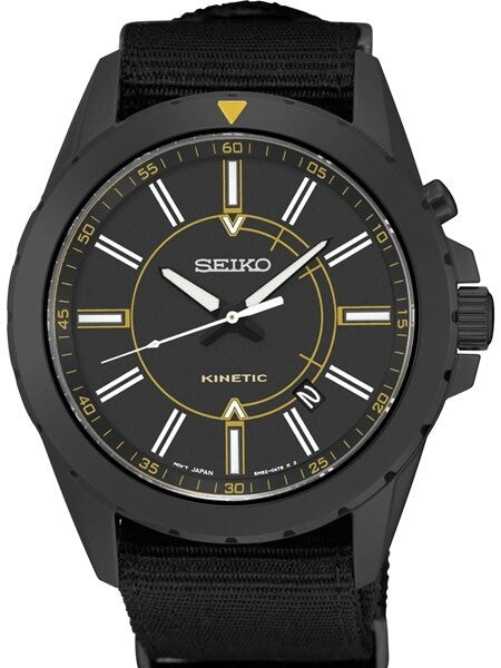 Seiko Kinetic Black Ion-Plated 42mm Field Watch with Power Reserve #SKA705