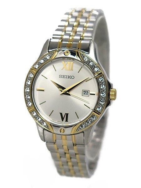 Seiko Two-Tone Women's Quartz Dress Watch with Swarovski Crystal Bezel, Mother of Pearl Dial #SUR864