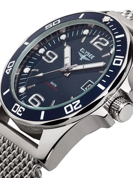 Elysee 300M Endurance 45mm Quartz Dive Watch with Blue Dial and Mesh Bracelet #60112