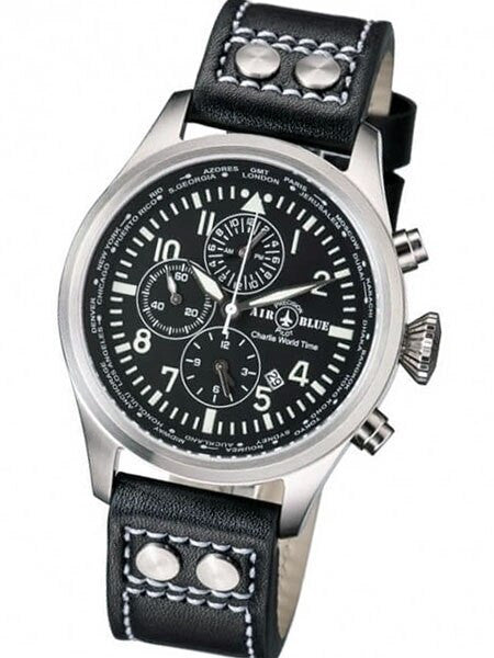Air Blue Charlie World Timer Pilot Watch with Alarm, 44mm Case, Sapphire Crystal #CHARLIEWTSS