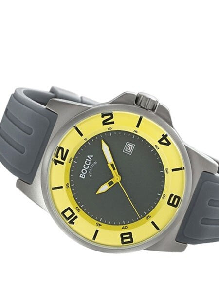 Boccia Mens Grey-Yellow Dial Quartz Sport Watch with 45mm Titanium Case and Grey Rubber Strap #3535-64