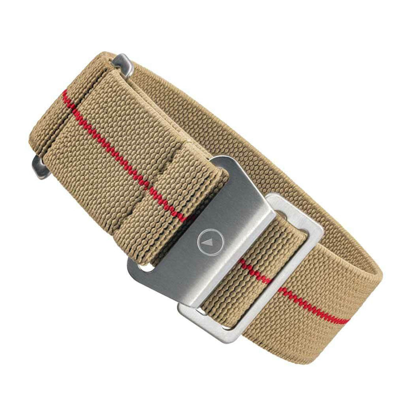 Camel Elastic Woven Nylon Strap with Red Stripe, Brushed Finish Steel Clasp #EWB-17-SS