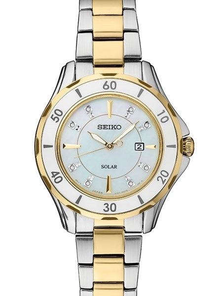Seiko Two-Tone Women's Solar Dress Watch with MOP Dial, Goltone Hands and 8 Diamond Markers #SUT338
