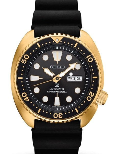 Seiko Turtle Prospex Automatic Dive Watch with Goldtone Case and Black Seiko Dive Strap #SRPC44