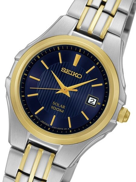 Seiko Two-Tone Women's Solar Dress Watch with Blue Dial, Goltone Hands and Markers #SUT224