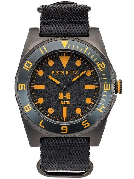 BENRUS 44mm Gun-Metal Stainless Steel, Military-Inspired Quartz H6 Watch #BR012B
