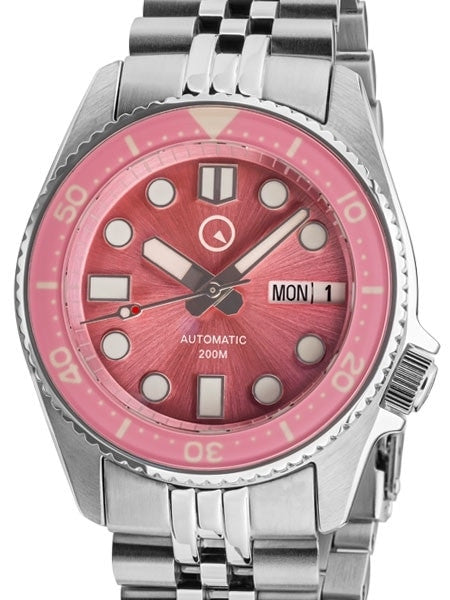 Islander 38mm Automatic Pink Dive Watch with Solid-Link Bracelet, AR Double Dome Sapphire Crystal, and Luminous Sapphire Bezel Insert #ISL-52