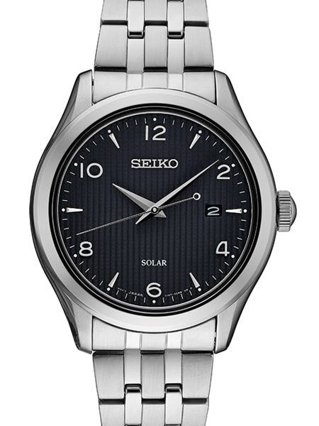 Seiko Solar Watch with 42mm Stainless Steel Case and Patterned Black Dial #SNE489