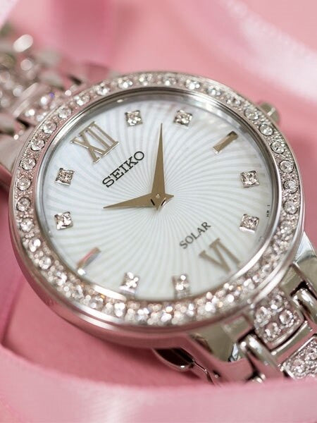 Seiko Ladies Solar Dress Watch with Swarovski Crystals, Mother of Pearl Dial #SUP359