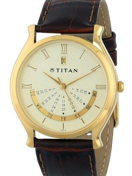 Titan Goldtone Classique Dress Watch with Precision Quartz Movement and Leather Strap #1482YL03