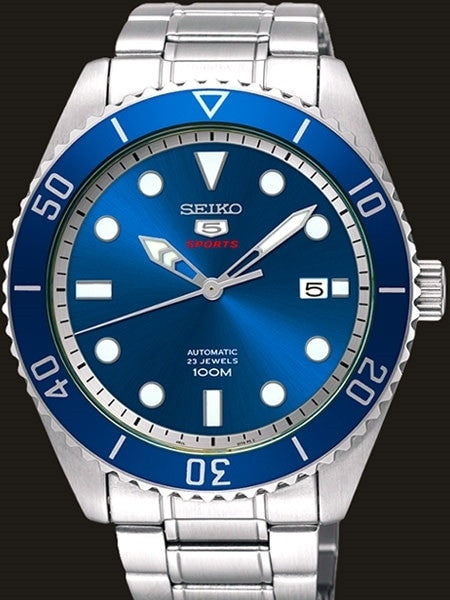 Seiko 5 Sports Automatic 23-Jewel Watch with Blue Dial and SS Bracelet #SRPB89K1